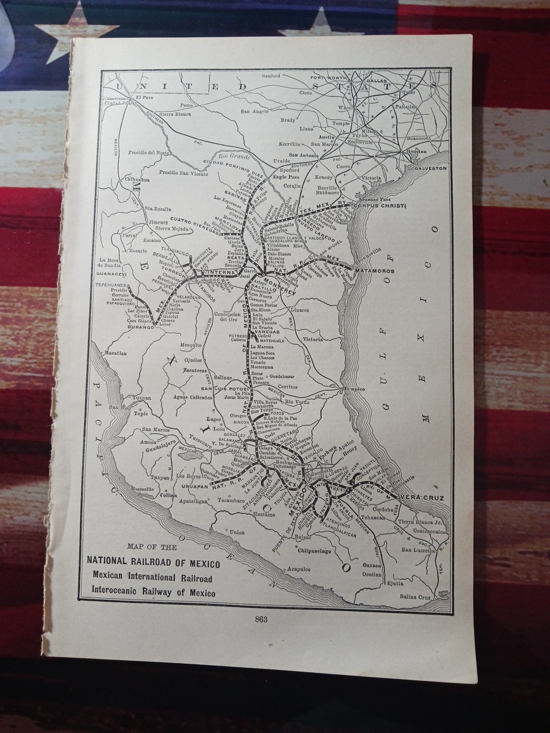 1905 Train Route Map NATIONAL RAILROAD OF MEXICO Mexican International Railway