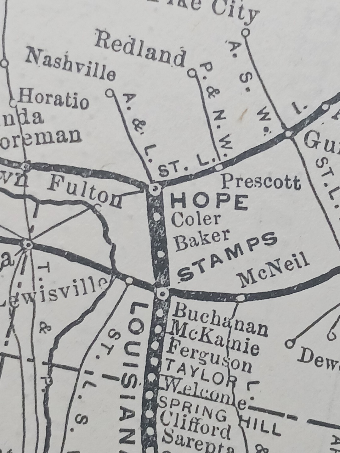 ~1904 Train Route Map LOUISIANA & ARKANSAS RAILWAY all railroad lines Stations
