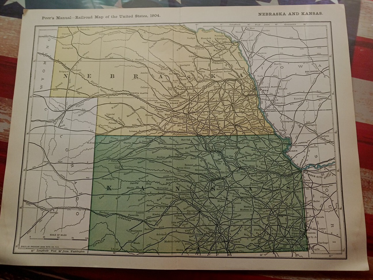 1904 dated Railroad Map NEBRASKA KANSAS All Lines Train Routes 11″x9″