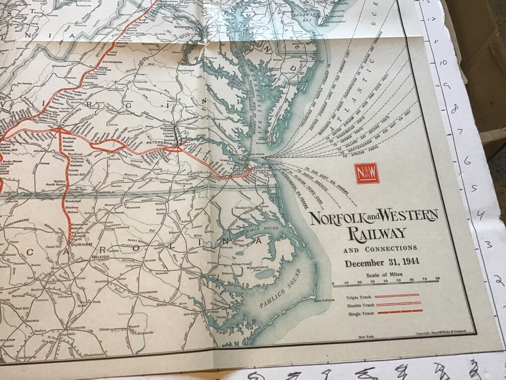 vintage railroad map: 22×32″ NORFOLK & WESTERN Railway 1944