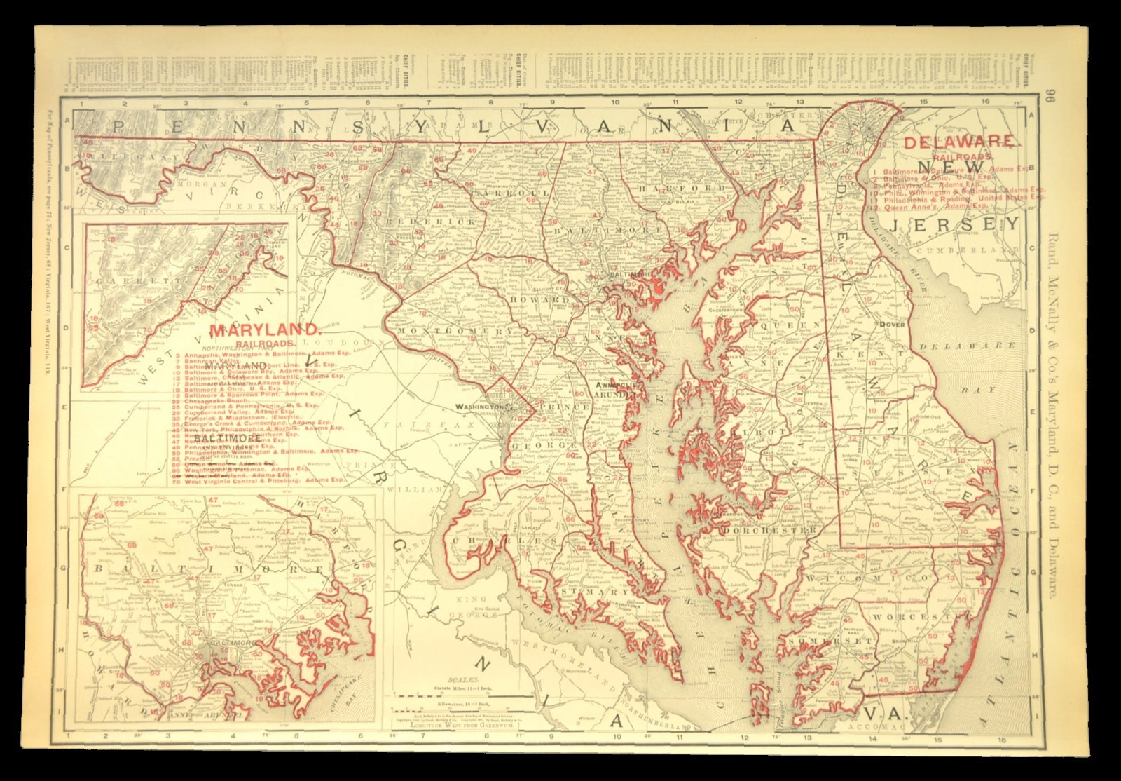 1901 Antique Maryland Railroad Map of Delaware Large Atlas B&O RR PW&B DATED