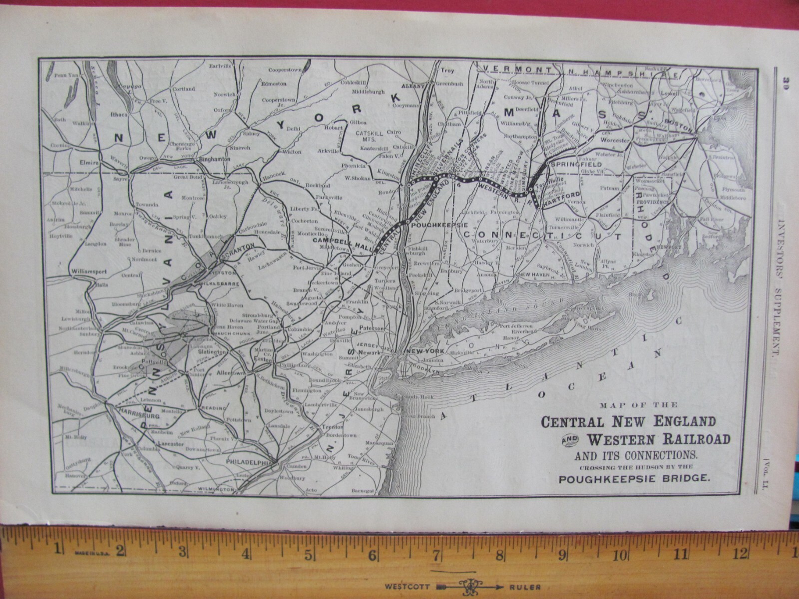 1890 SEPT CENTRAL NEW ENGLAND & WESTERN RAILROAD ORIGINAL SYSTEM MAP + COG RR MA