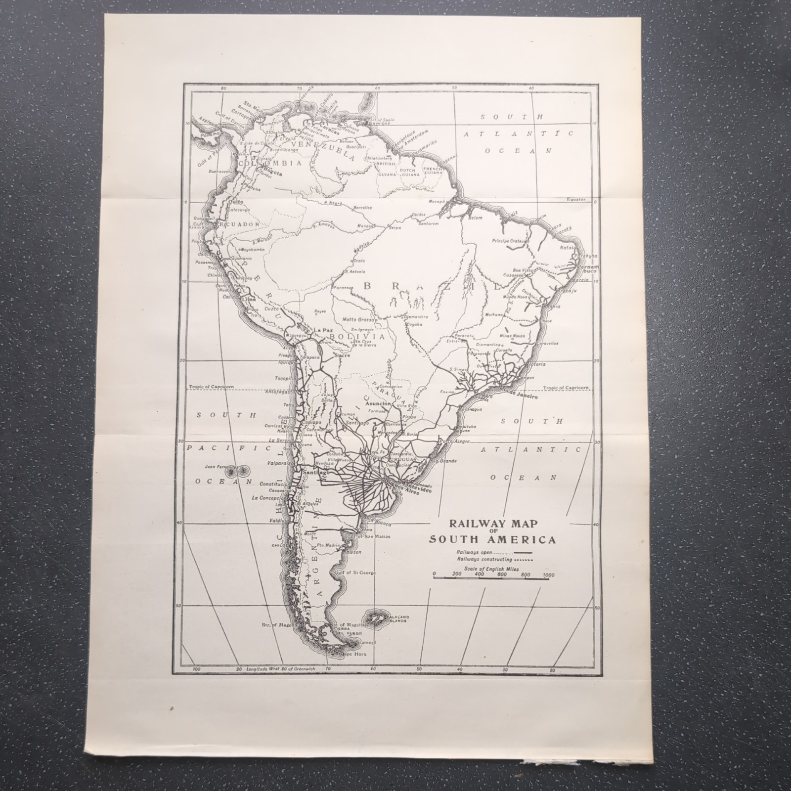 Original 1930 Railway Map Of South America