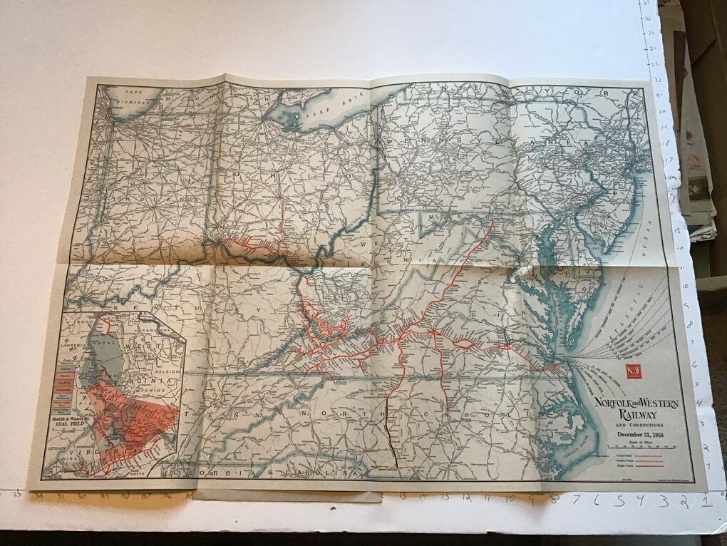 vintage railroad map: 33×22″ NORFOLD & WESTERN Railway dec 31, 1950