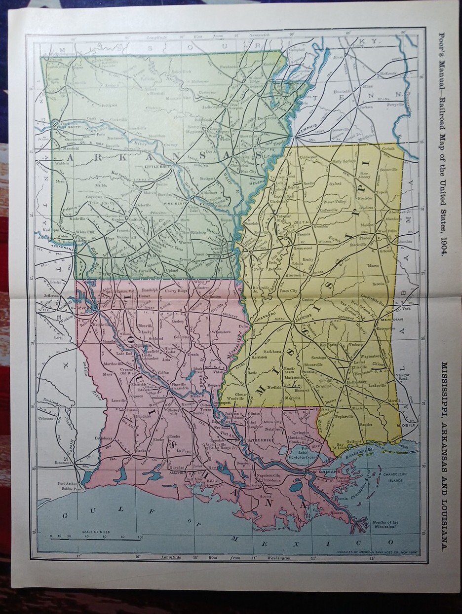 1904 Railroad Map LOUISIANA Arkansas MISSISSIPPI All Lines Train Routes 11″x9″