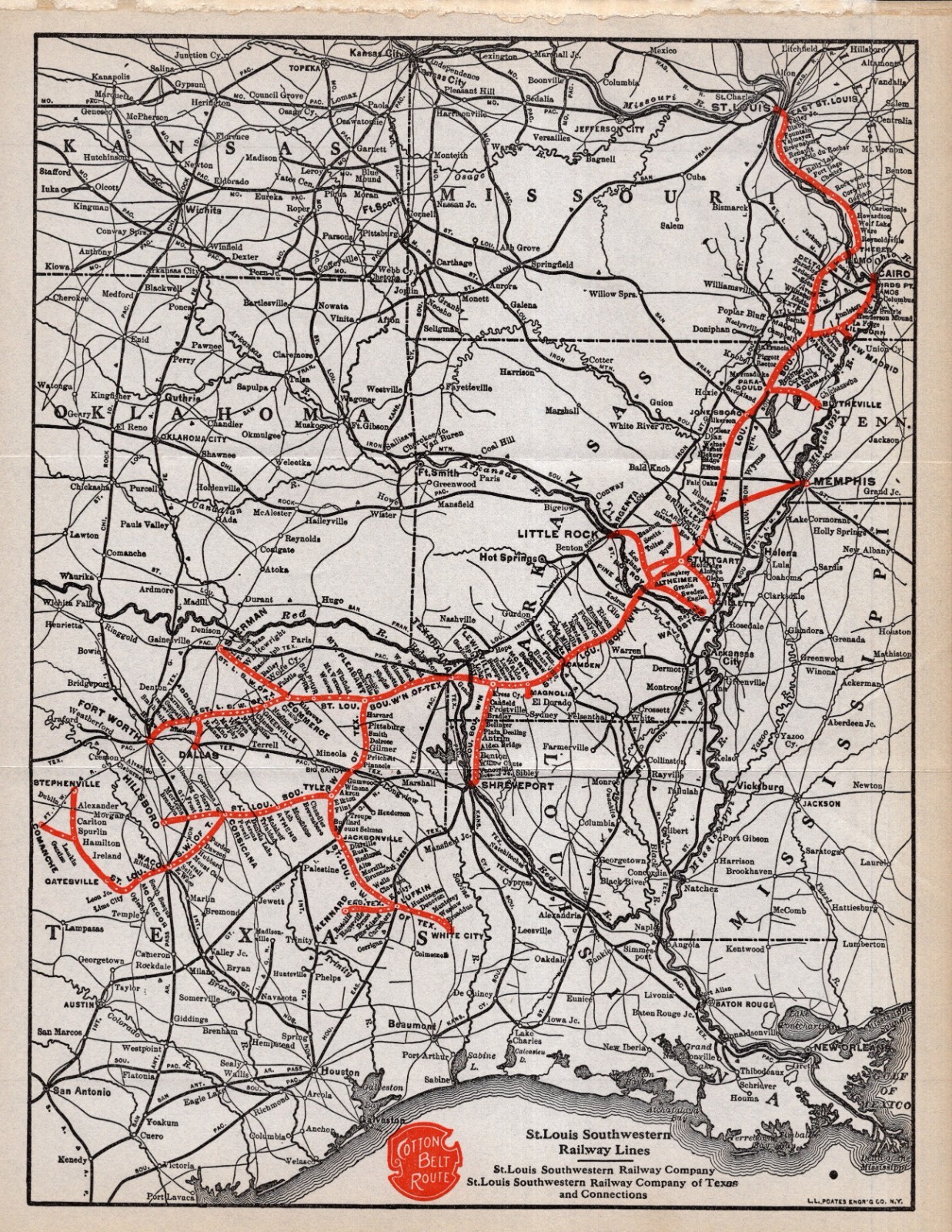 1914 Antique ST LOUIS SOUTHWESTERN RAILWAY Map Cotton Belt Route Map 2802