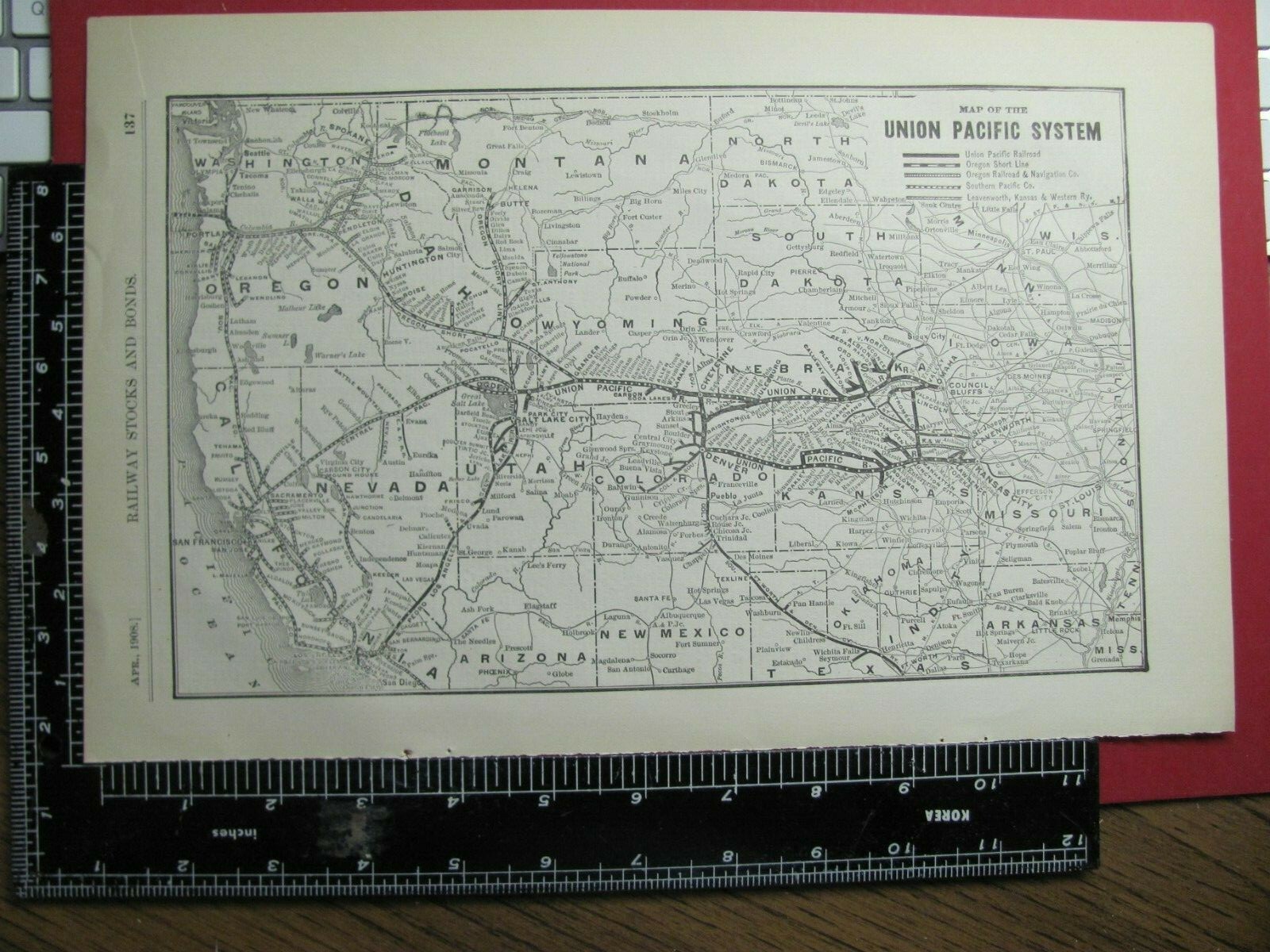 ORIG 1908 UNION PACIFIC RAILROAD SYSTEM MAP RR ROUTE in NE KS CO WY UT ID OR CA