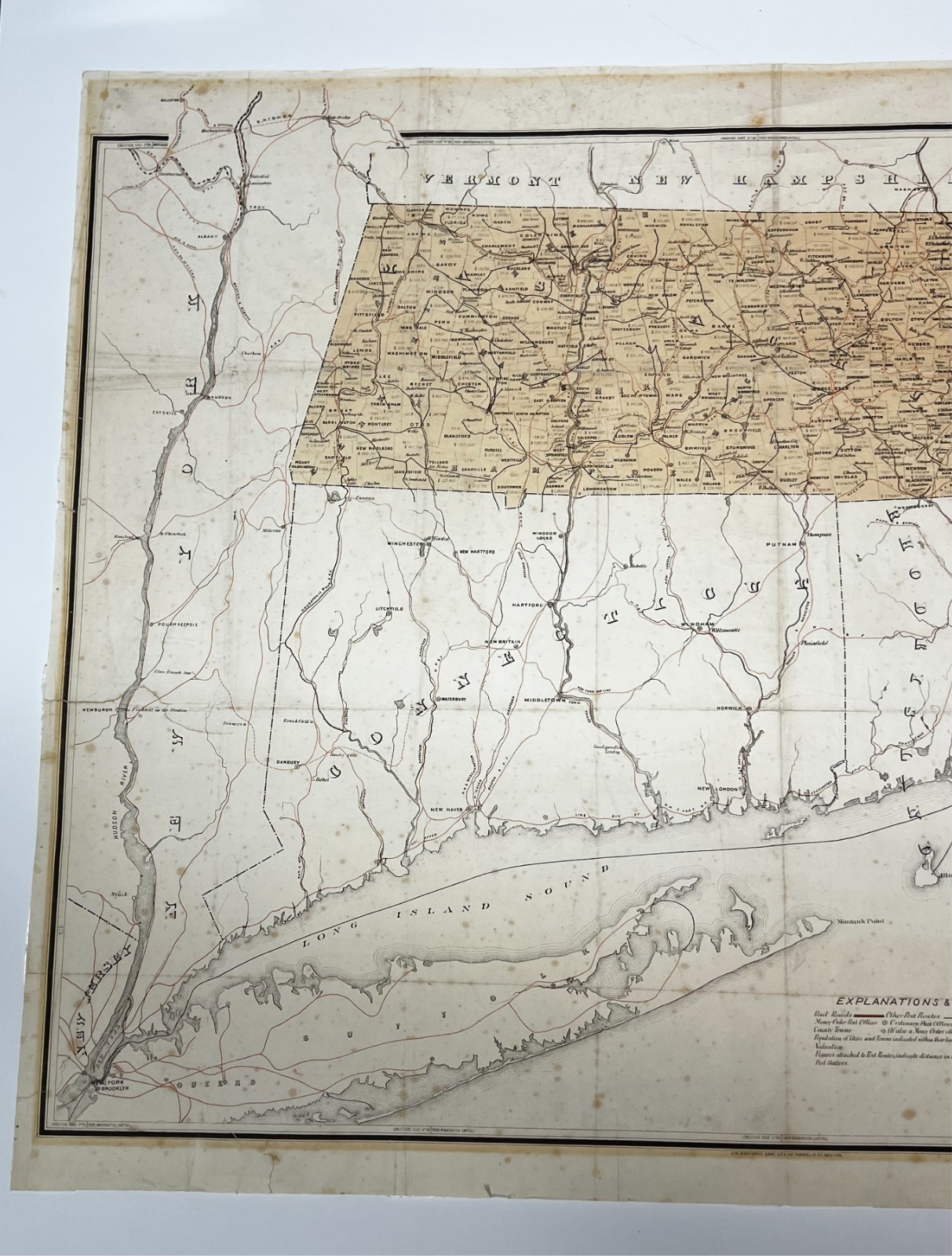 Original 1878 Map of the Railroads of the State of Massachusetts. Big Map