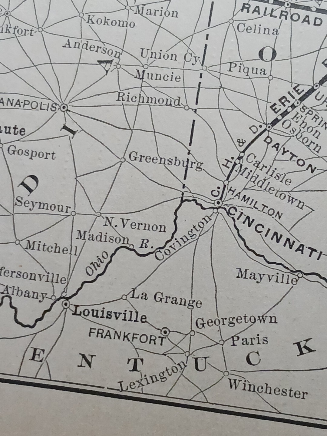 ~1896 Antique Train Route Map ERIE RAILROAD Ohio Pennsylvania New York Indiana