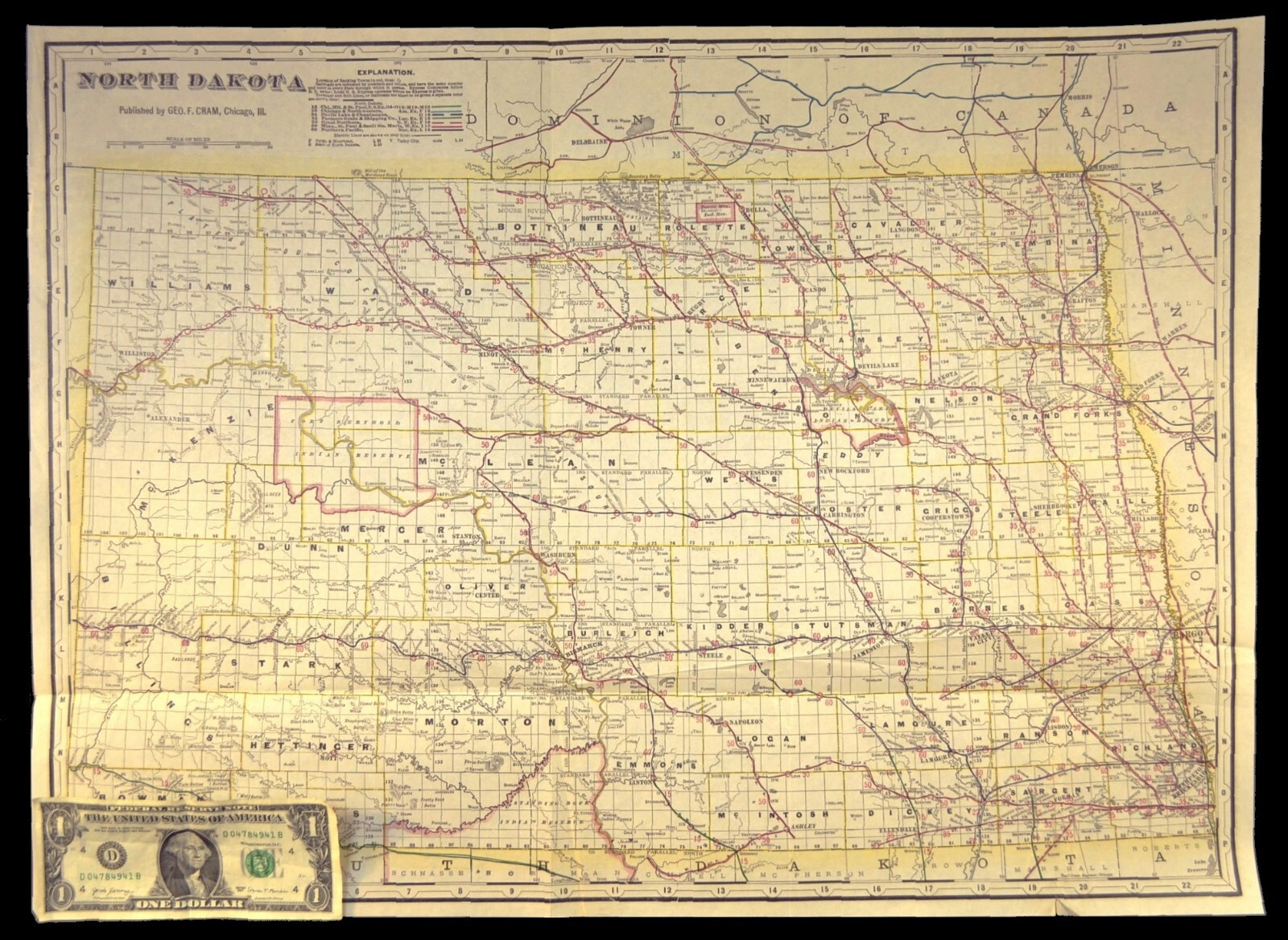 ca 1905 North Dakota Railroad Map Minnesota St Paul & Sault Ste Marie RR