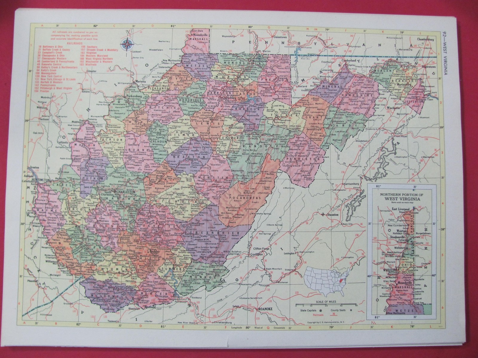 HISTORIC 1953 WEST VIRGINIA & WASH.RAILROAD MAP SHOWS AND LIST ALL WA & VT RRs
