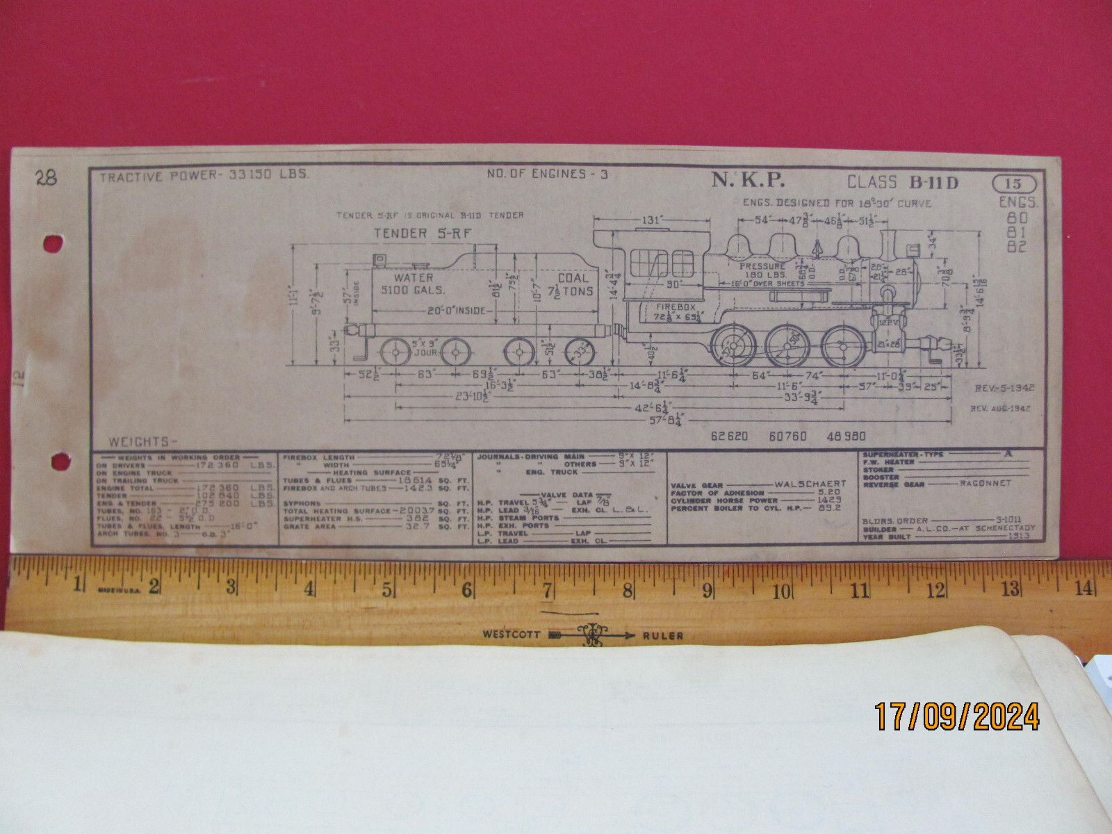 NICKLE PLATE ROAD RAILROAD ORIG 1943 DIAGRAM LOCOMOTIVE #80-82 CLASS B-11D 0-6-0