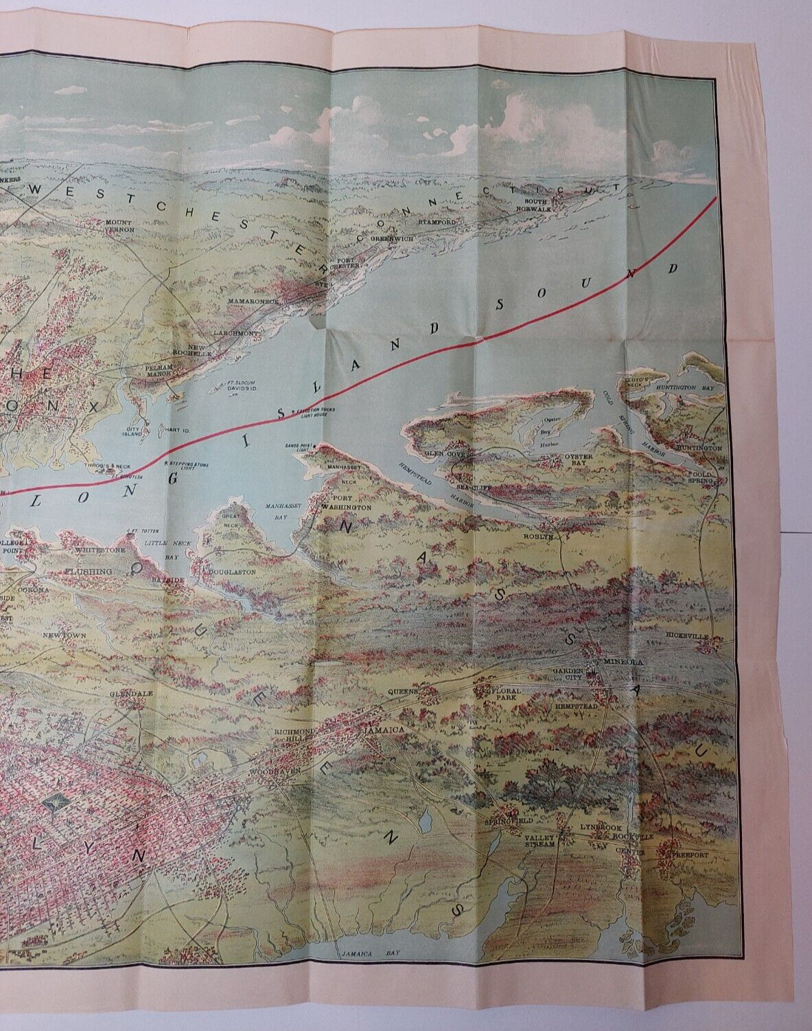 Long Island Sound Birds Eye View Map East & North Rivers 1909 CS Hammond 24×19