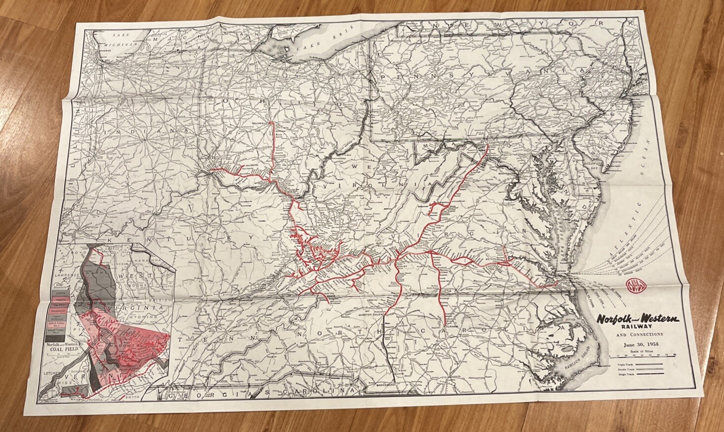 Norfolk & Western Railway & Connections Map. June, 1958, 22” X 32” Virginia
