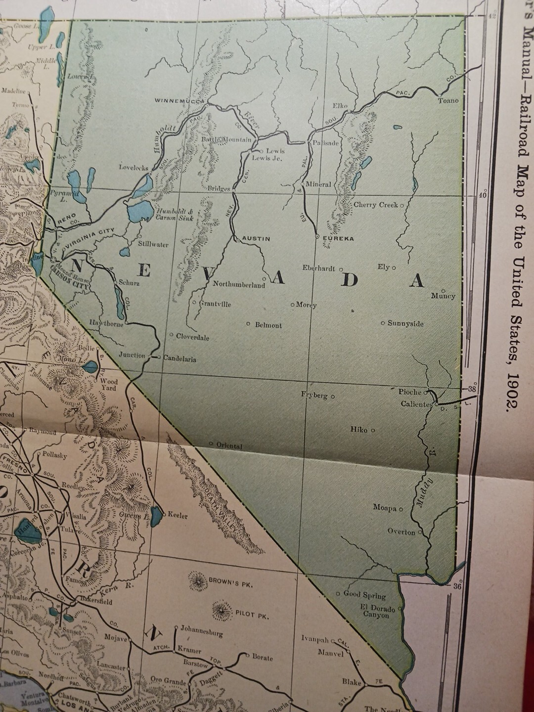 1902 Train Route Map CALIFORNIA & NEVADA All Railroad Lines Stations 11×9″ Dated