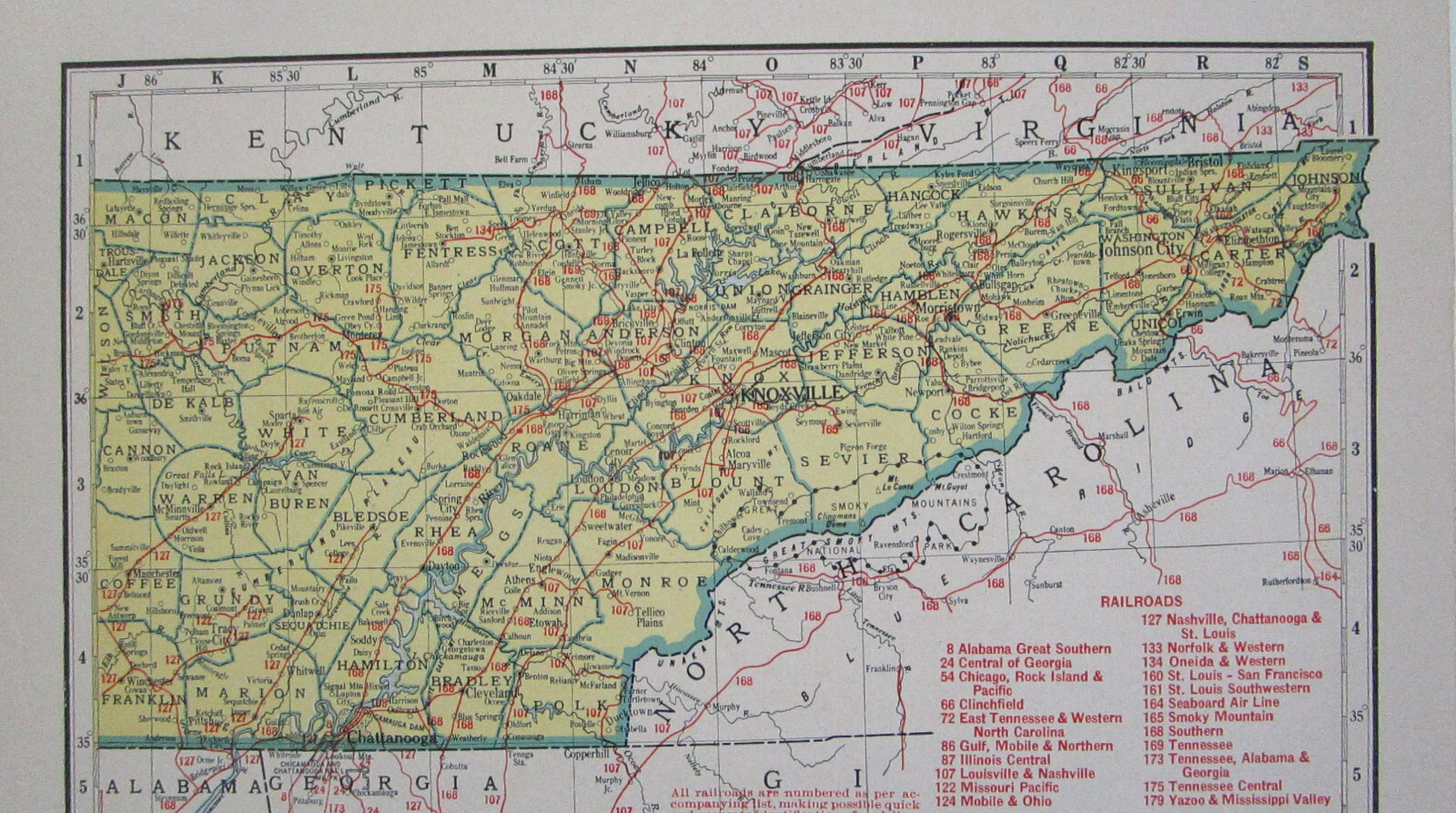 TN SD Vtg 1942 TENNESSEE RAILROAD Map. SMOKY MOUNTAIN RR ~or~ SOUTH DAKOTA