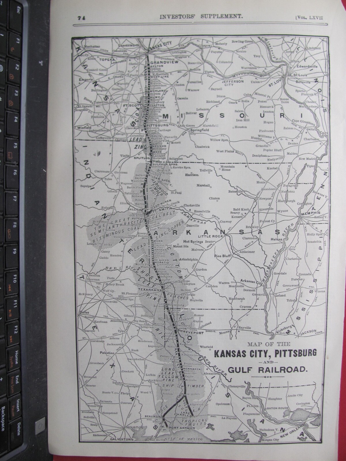 ORIGINAL 1898 KANSAS CITY PITTSBURG & GULF RAILROAD SYSTEM MAP IT TX RR HISTORY
