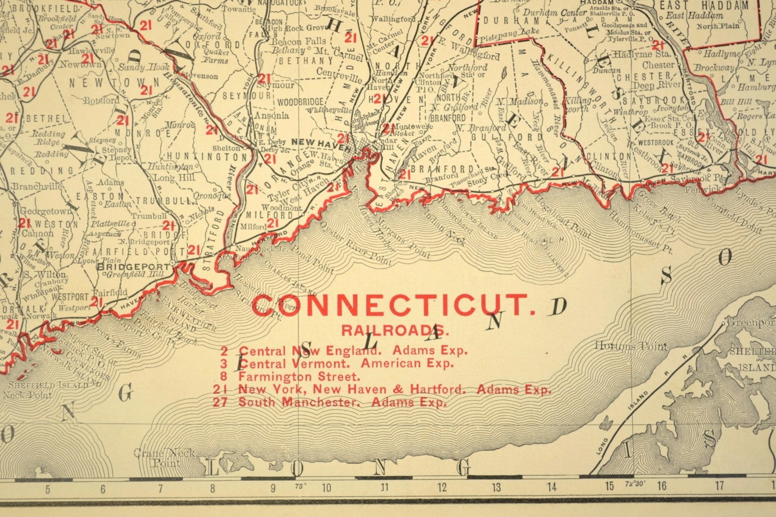 1901 Antique Connecticut Railroad Map of Rhode Island Large Atlas NH RR DATED