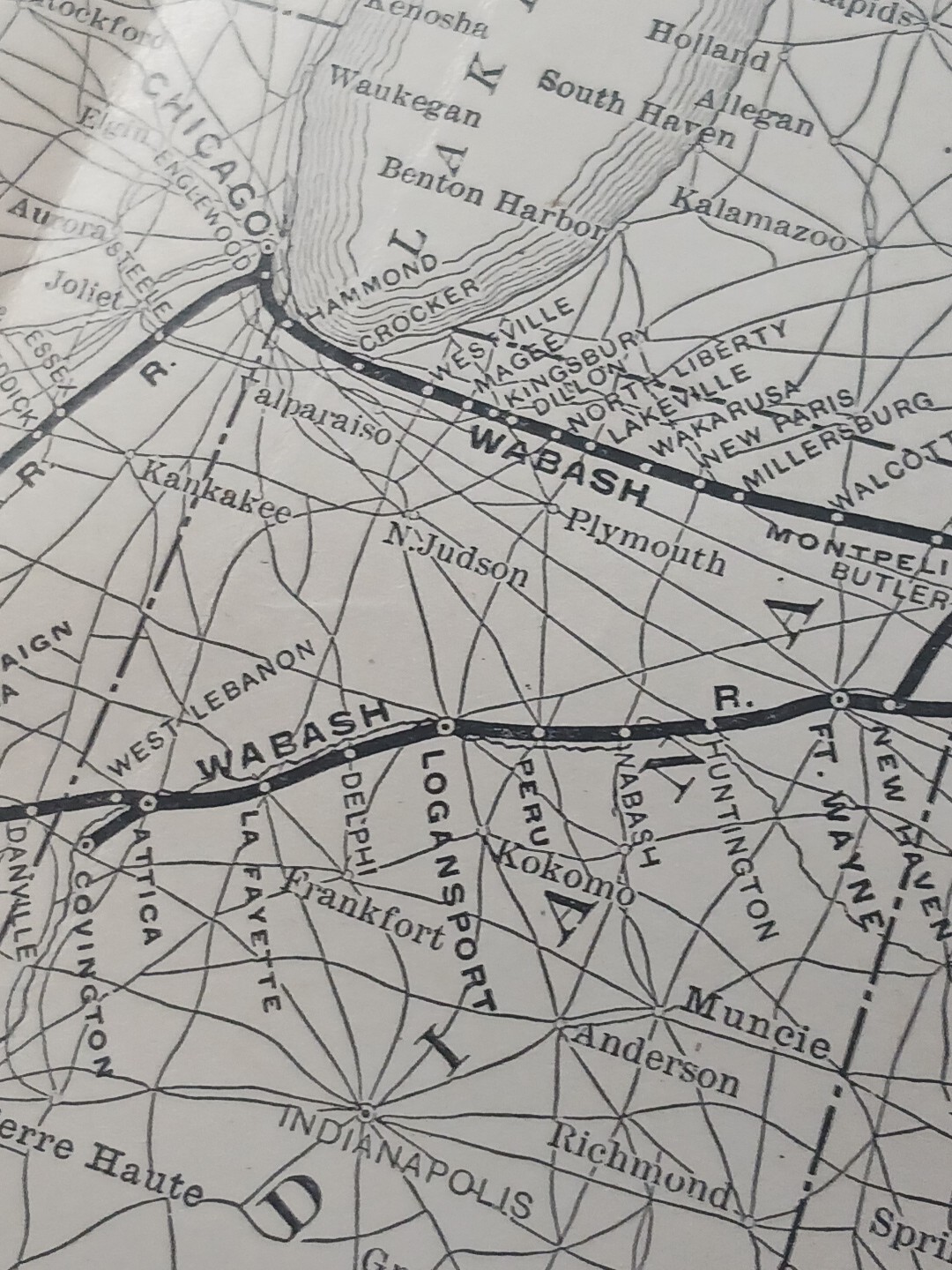 1905 Train Route Map WABASH SYSTEM all Railroad Controlled Lines stations 12″x9″