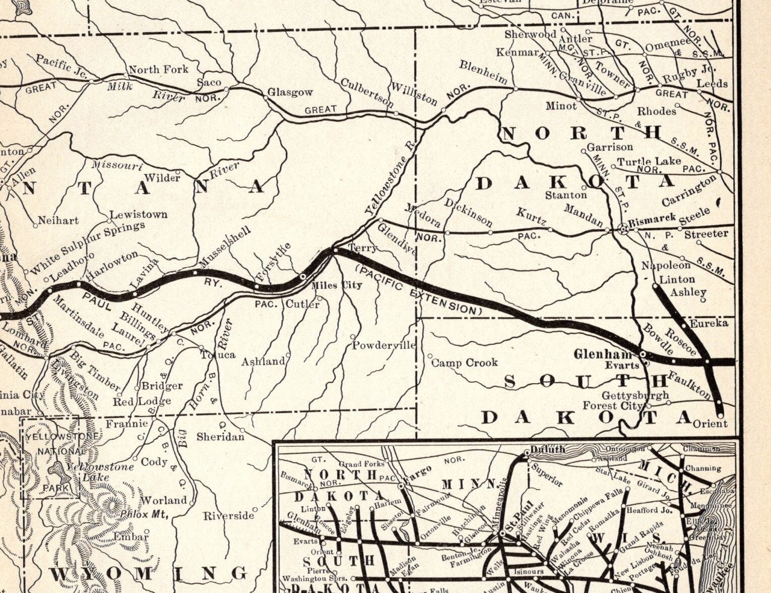 1908 Antique Chicago Milwaukee St Paul Railway Map Pacific Coast Extension 1632