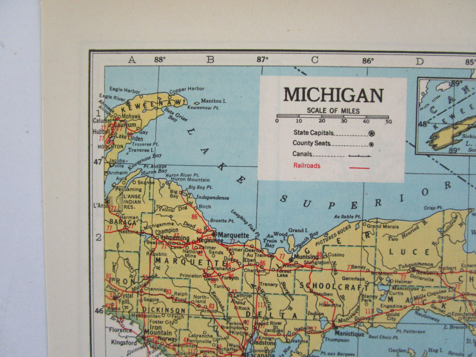 MN MI 1948 MINNESOTA RAILROAD Map. DULUTH & NORTHEASTERN RR ~or~ MICHIGAN
