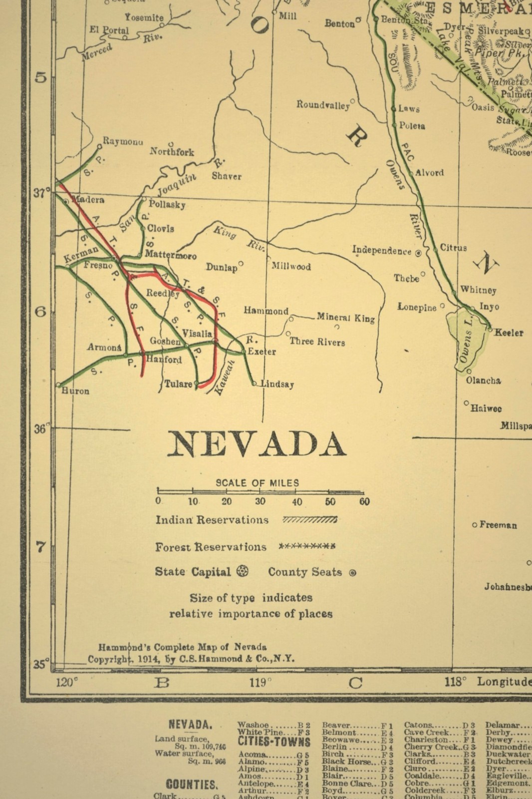 1914 Antique Map of NEVADA Railroads Map ORIGINAL Atlas Southern Pacific DATED