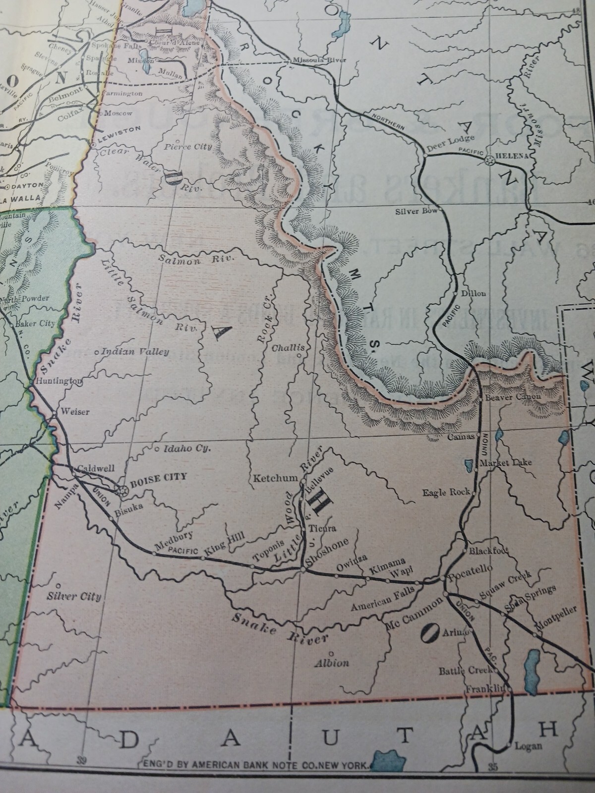 Original 1889 railroad map all train routes 11″x9″ WASHINGTON Oregon IDAHO