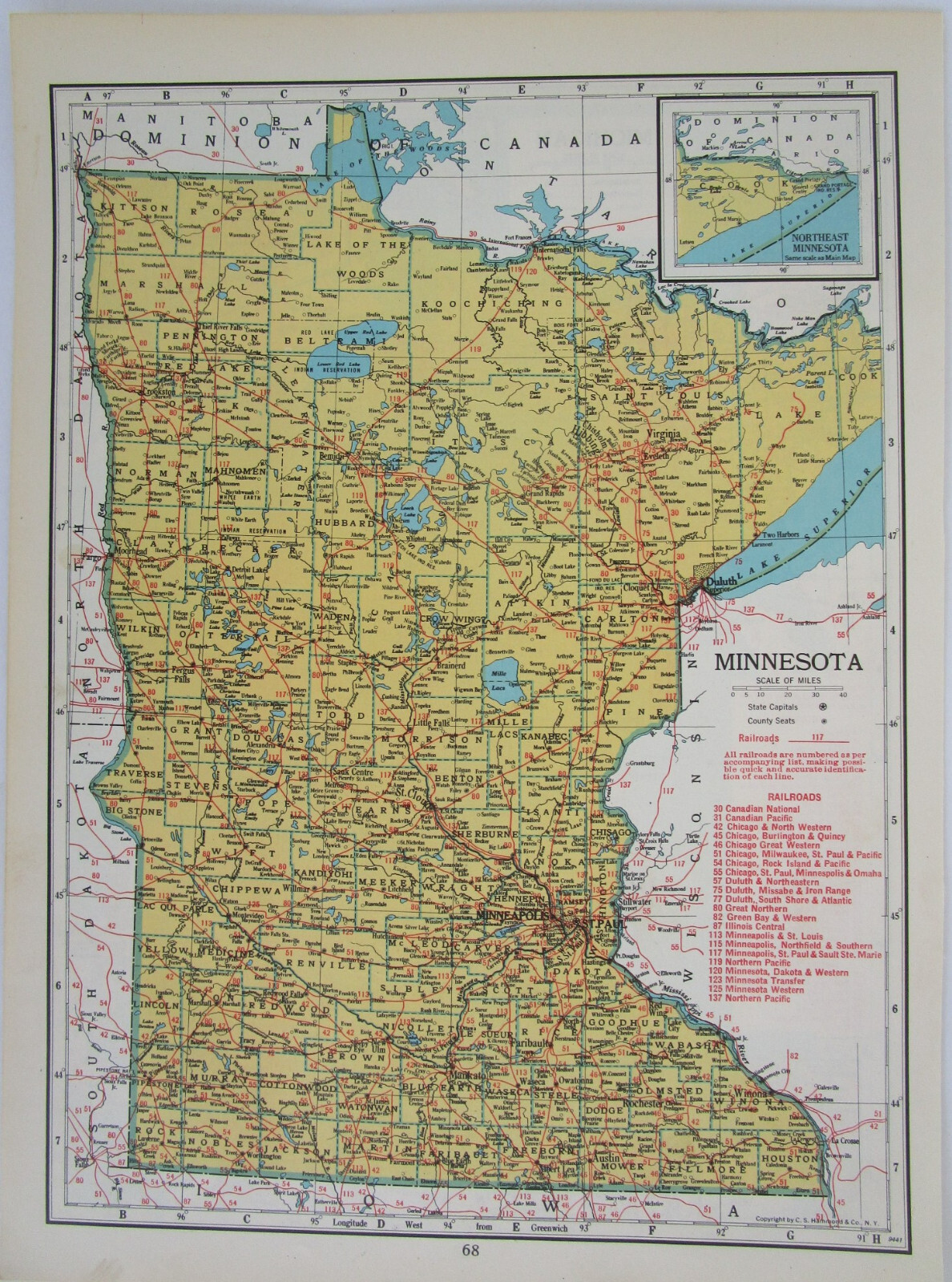 MN MI 1948 MINNESOTA RAILROAD Map. DULUTH & NORTHEASTERN RR ~or~ MICHIGAN