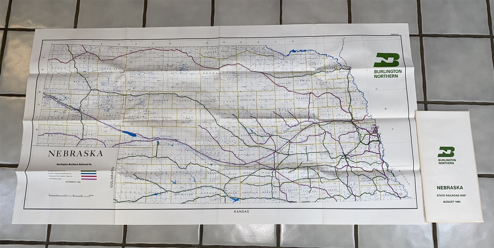 1983 Burlington Northern Railroad Nebraska Map 43 5/8″ by 23″
