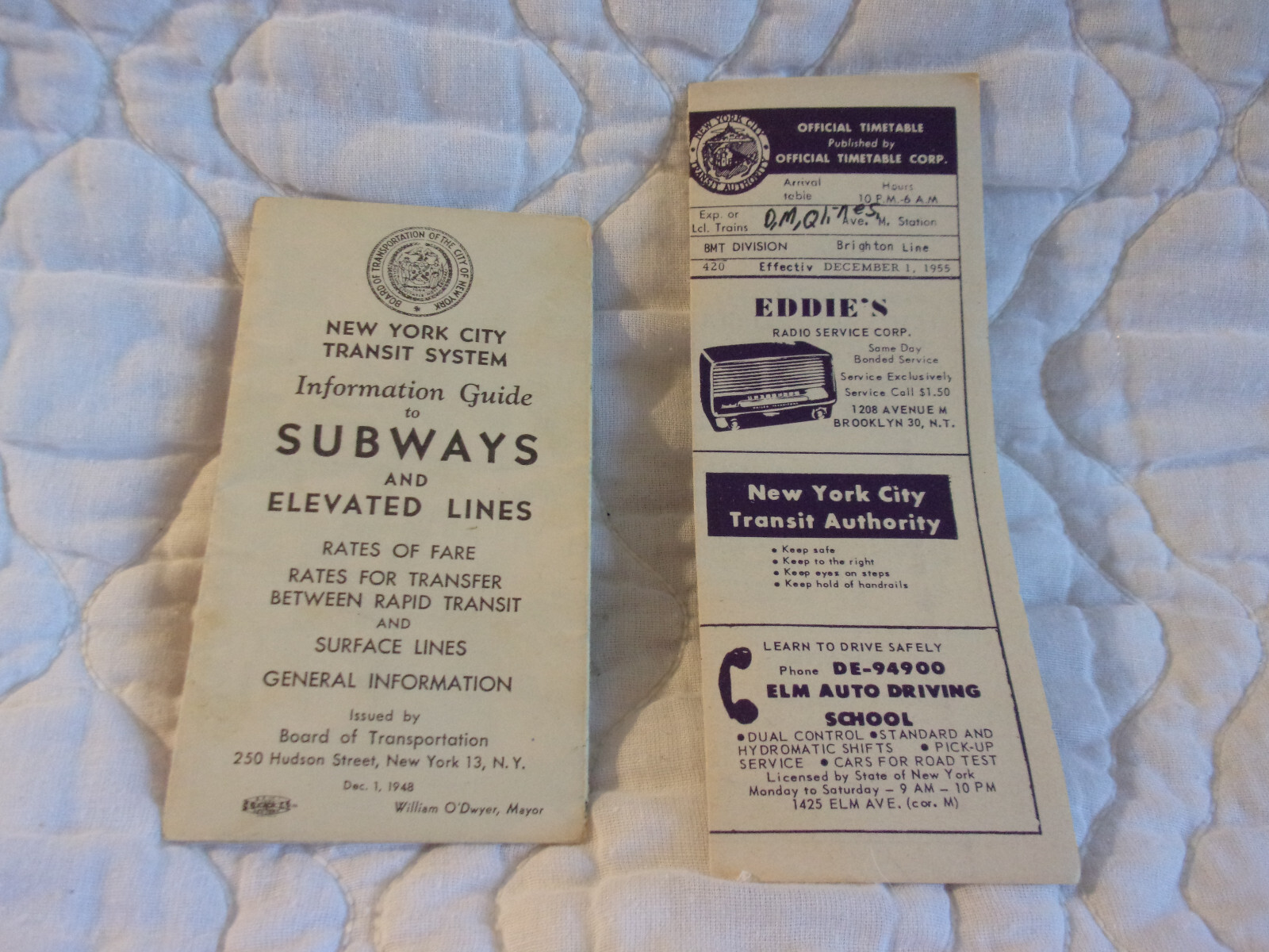 NEW YORK CITY TRANSIT SYSTEM 1948 SUBWAY MAP + BMT TRAIN TIMETABLE 1955 RAILROAD
