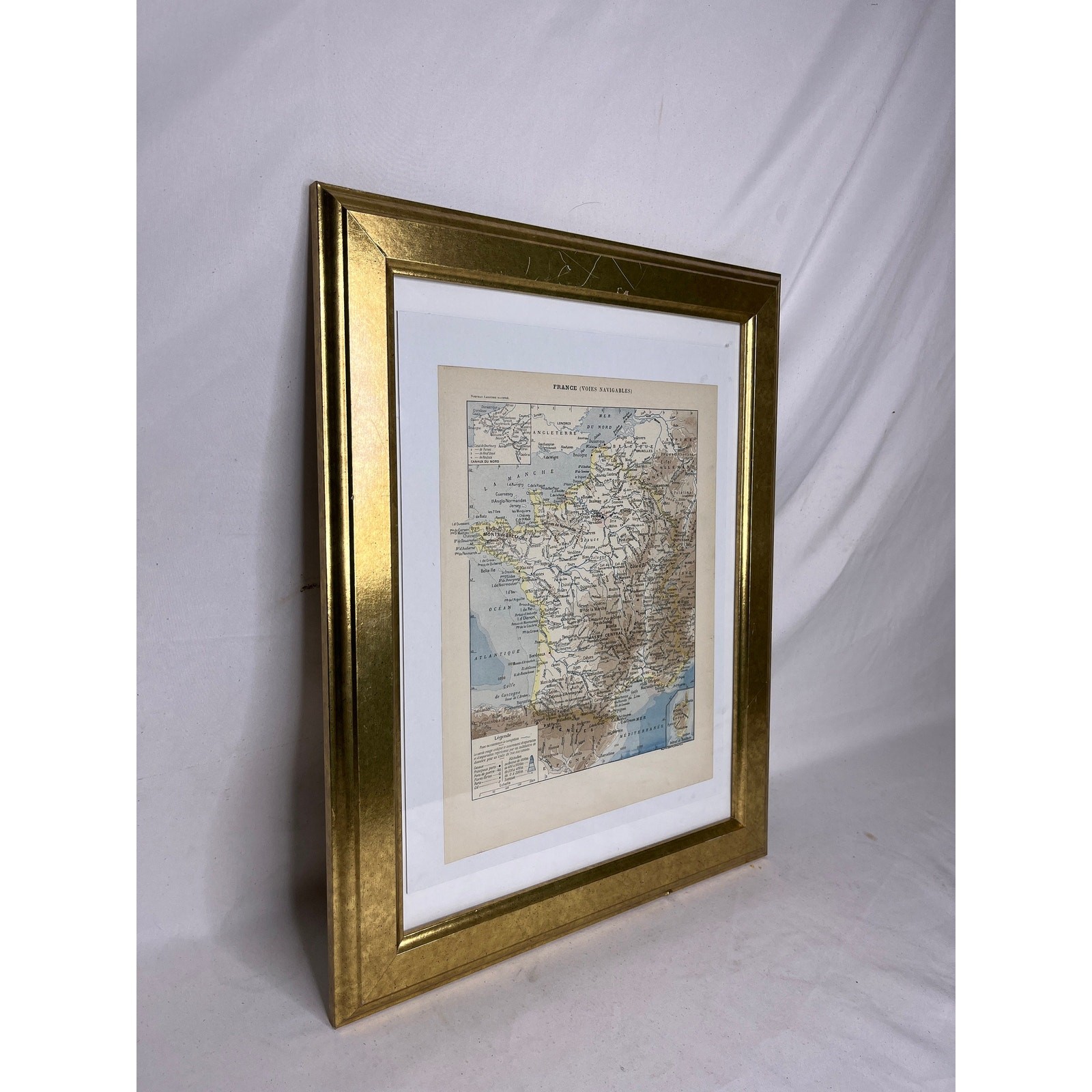 Vintage Gold Framed France Railroads and Waterways Maps from “Le Noveau Larousse