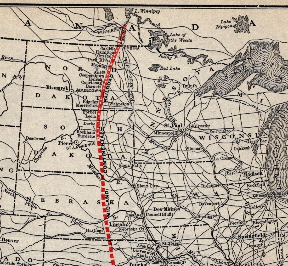 1912 Antique Midland Continental Railroad Map Vintage Railway Map 2386