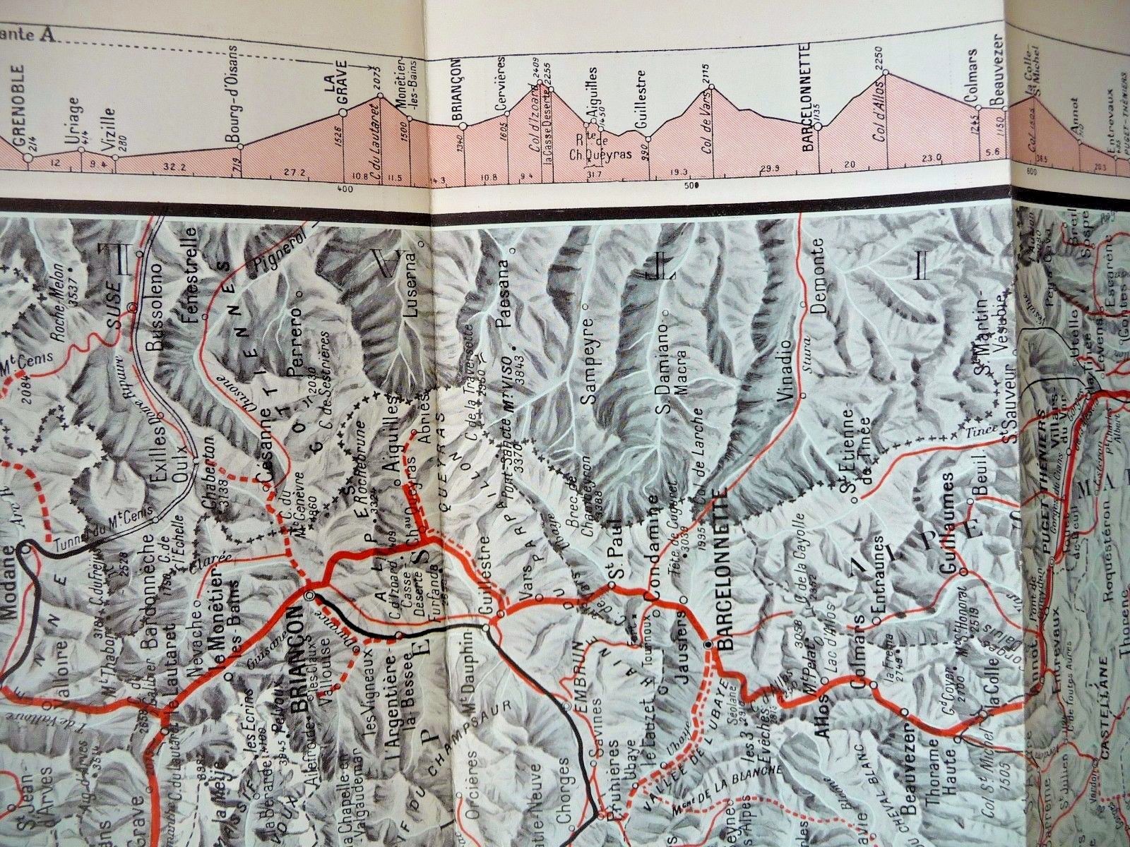 VINTAGE MAP ROUTE DES ALPS LAUSANNE EVIAN THONON NICE BARCELONNETTE FARES 1913