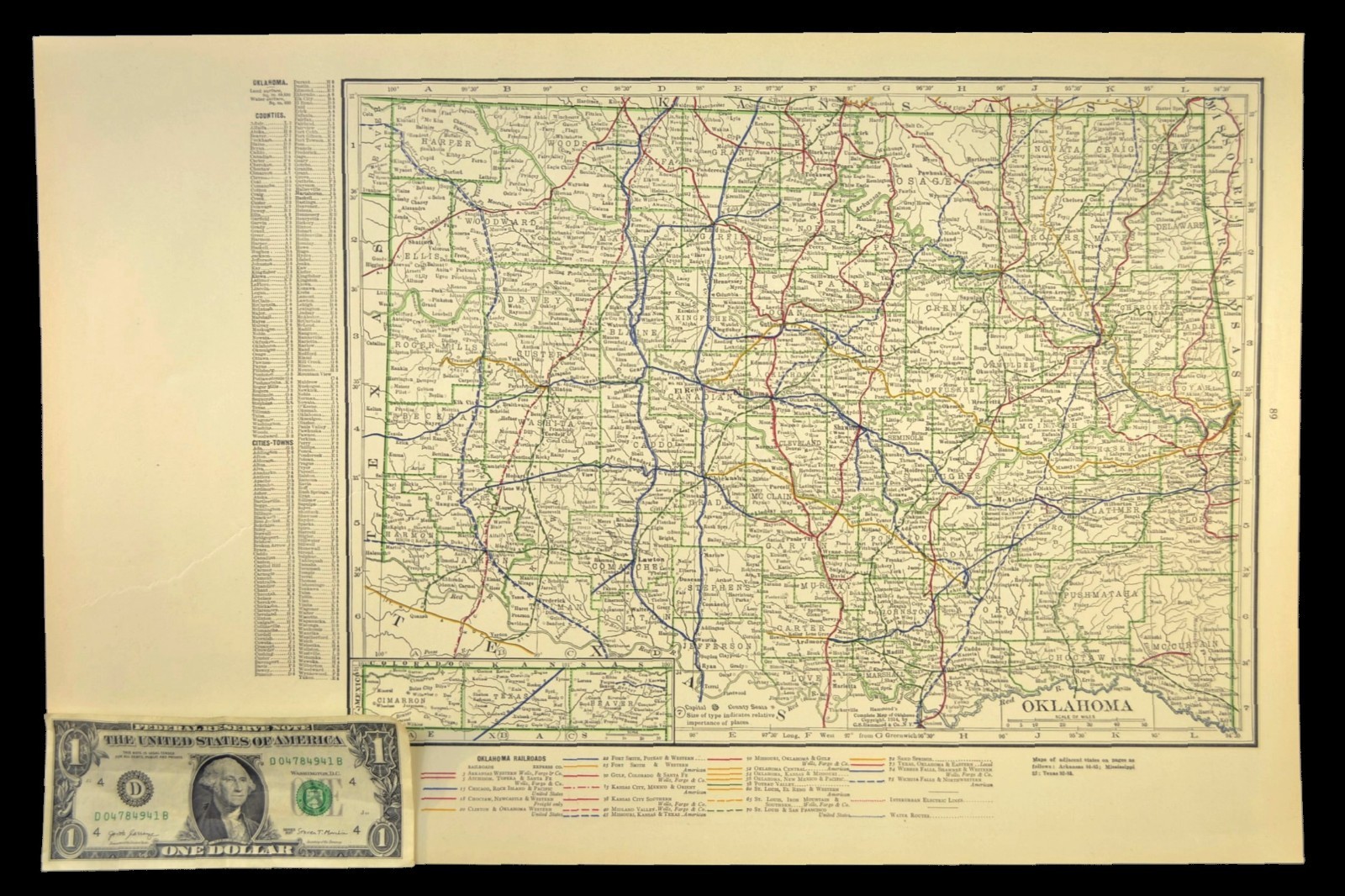 1914 Antique Map of OKLAHOMA Railroads Map ORIGINAL Atlas Map CRI&P RR DATED