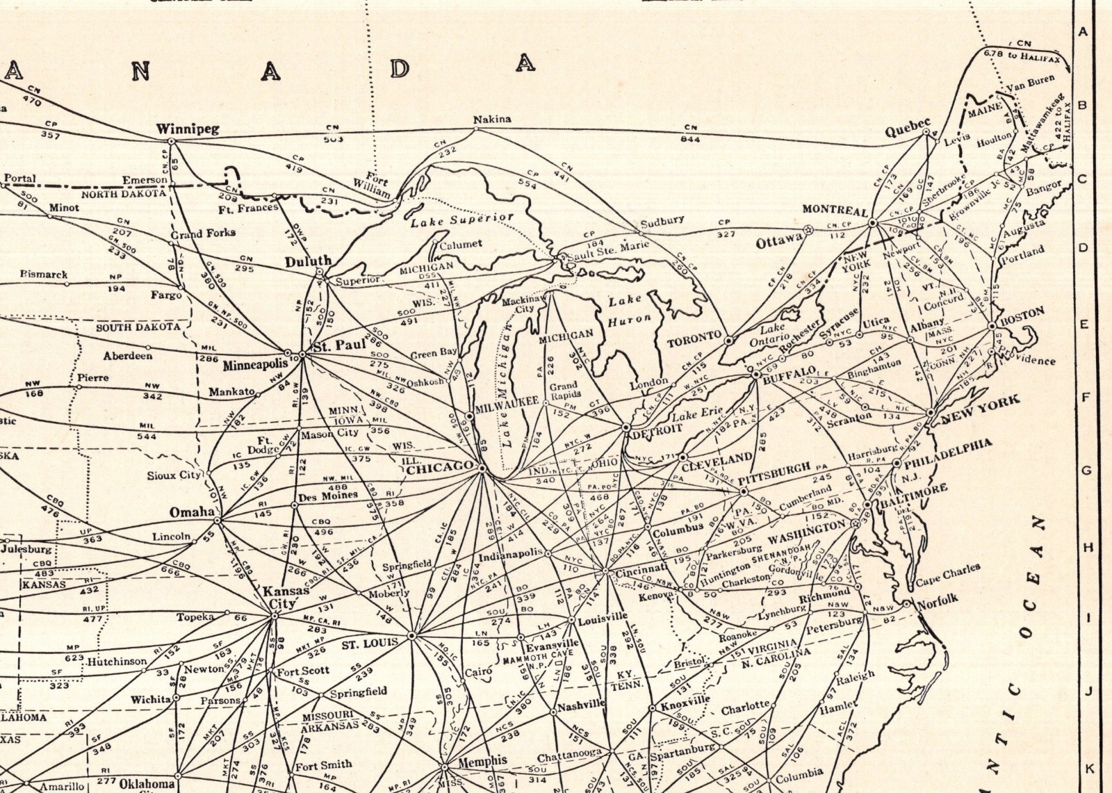 1942 Antique United States Railway Map US Railroad Mileage Map 3008