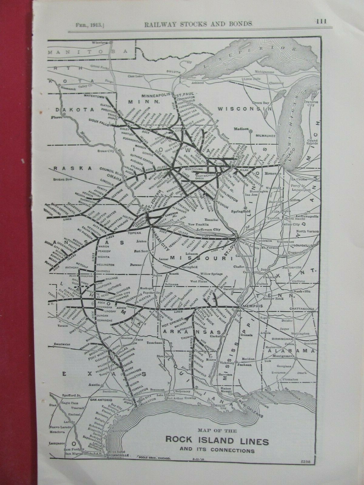 1913 ROCK ISLAND LINES RAILROAD SYSTEM MAP ROUTES STATIONS PI RR HISTORY