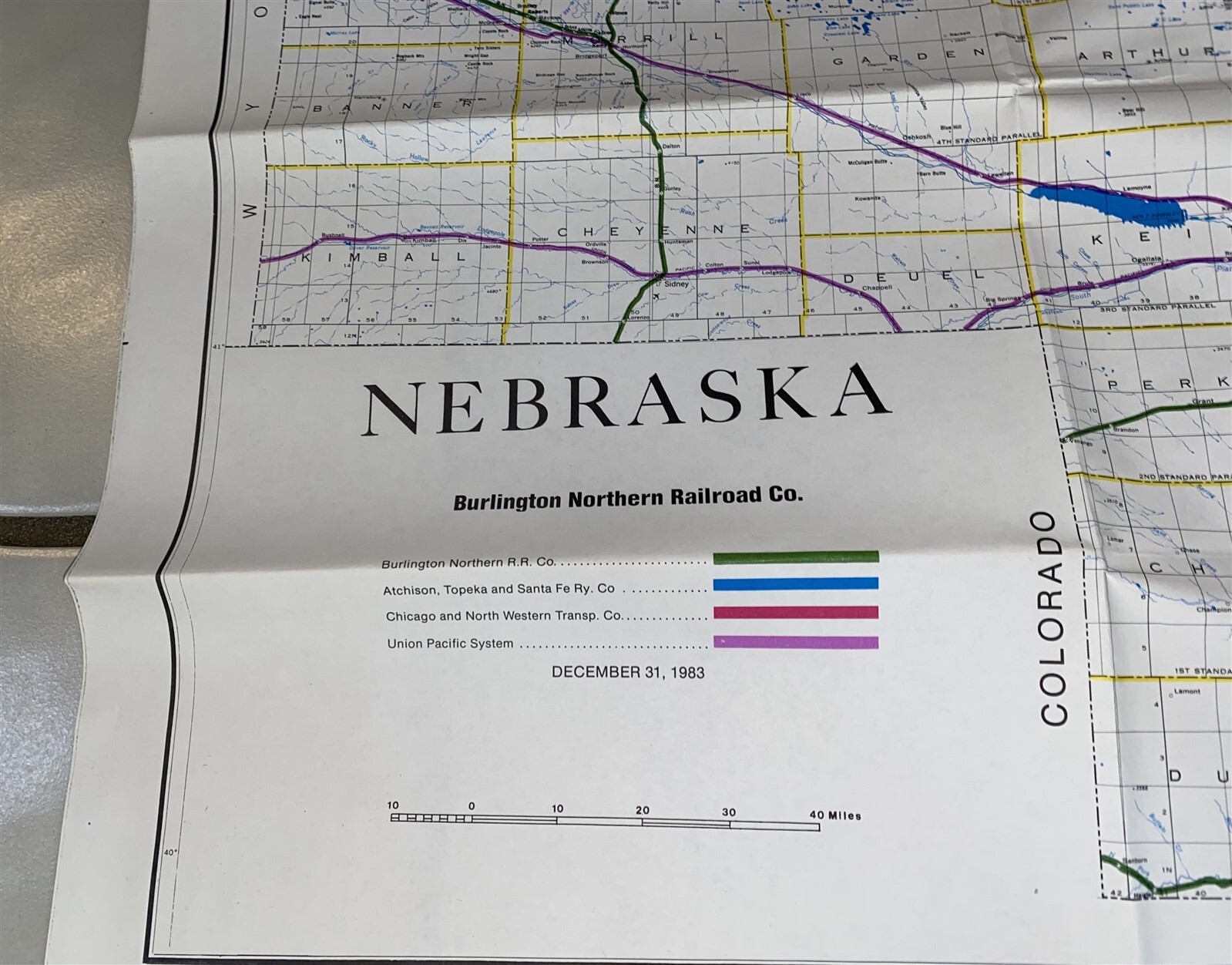 1983 Burlington Northern Railroad Nebraska Map 43 5/8″ by 23″