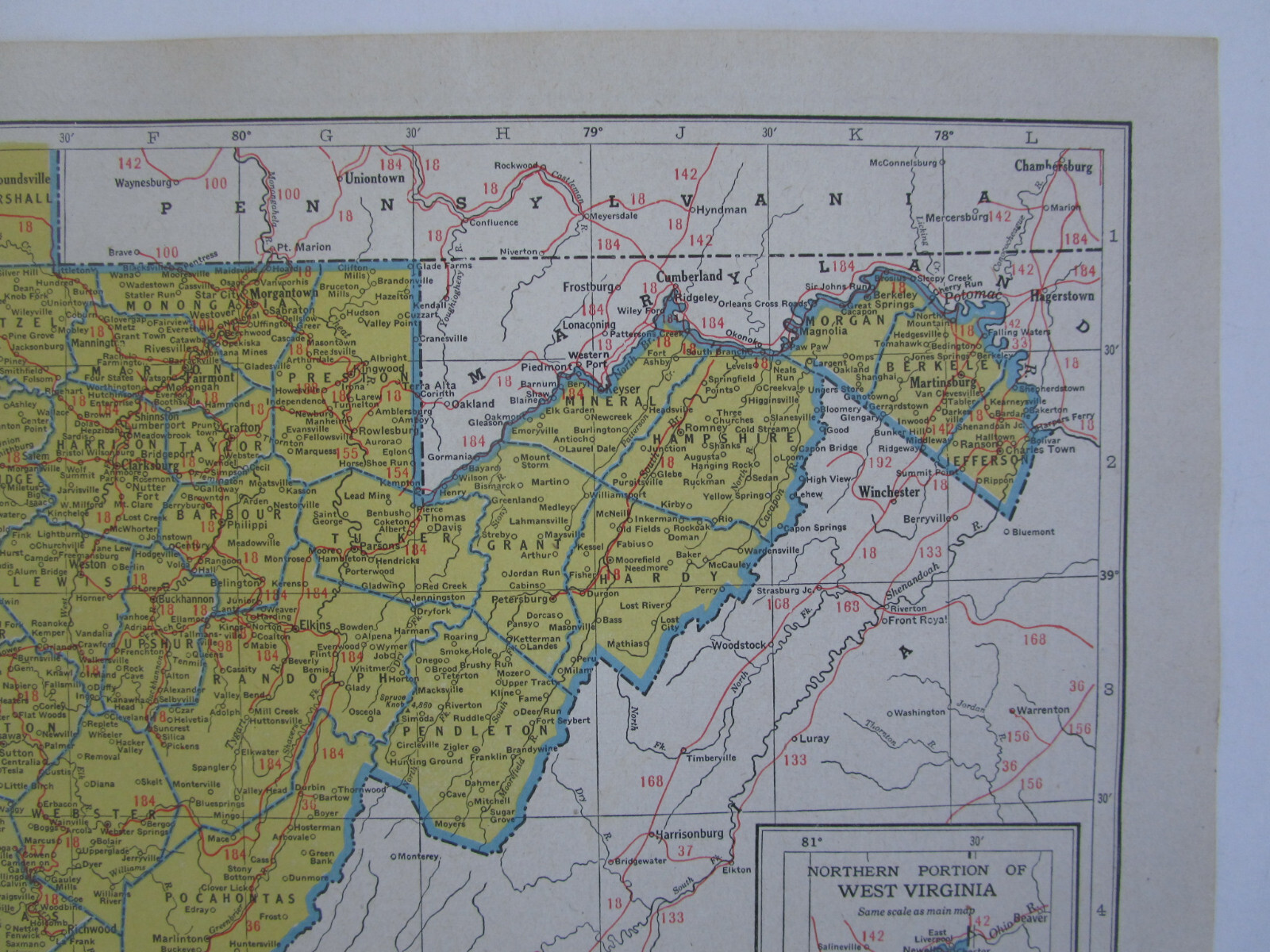 WV WA Vtg 1945 WEST VIRGINIA RAILROAD Map ROWLESBURG & SOUTHERN RR or WASHINGTON