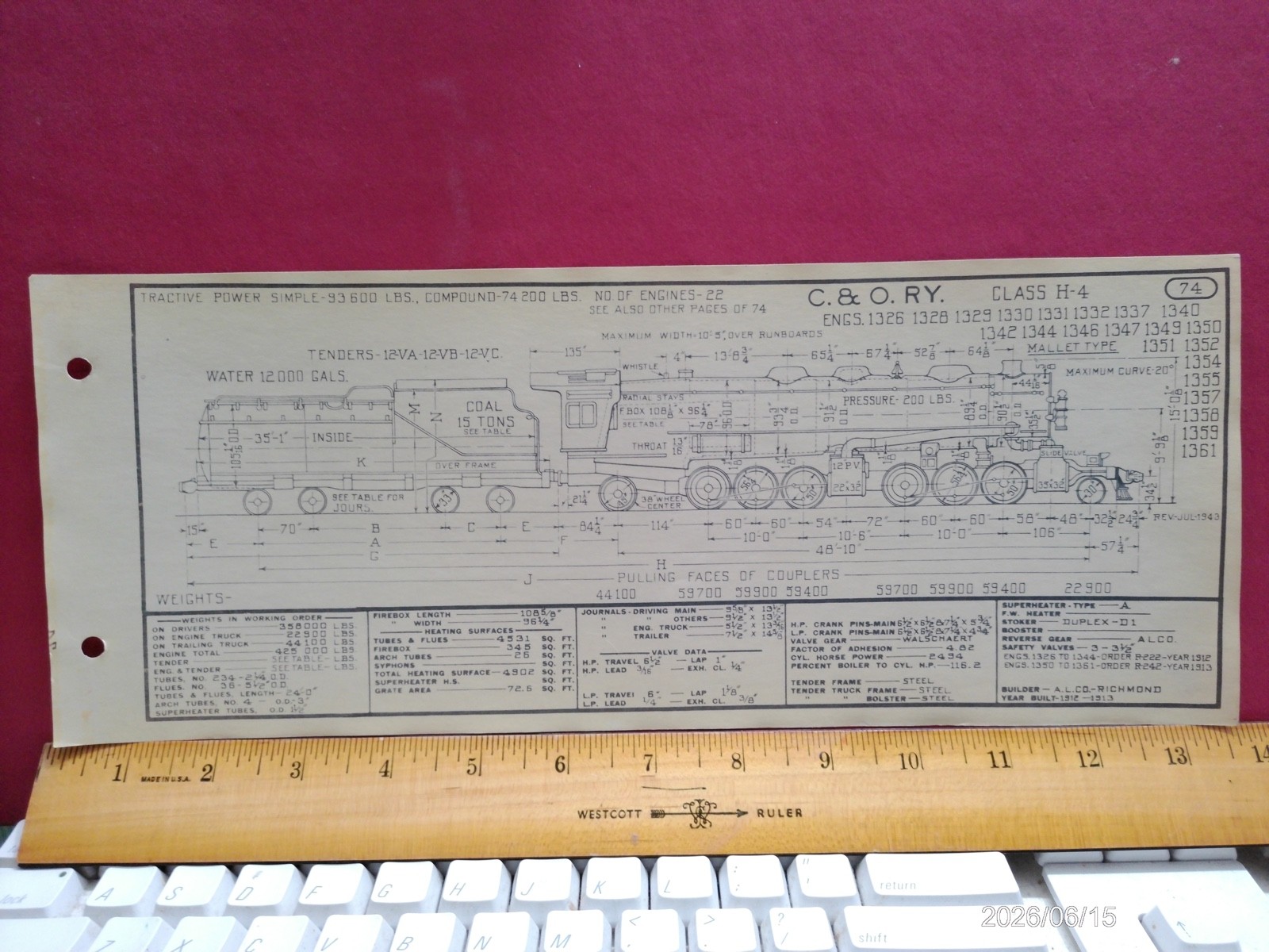 CHESAPEAKE & OHIO RAILROAD ORIG PRINTED DIAGRAM CLASS H-4 LOCOMOTIVE #1326-1361