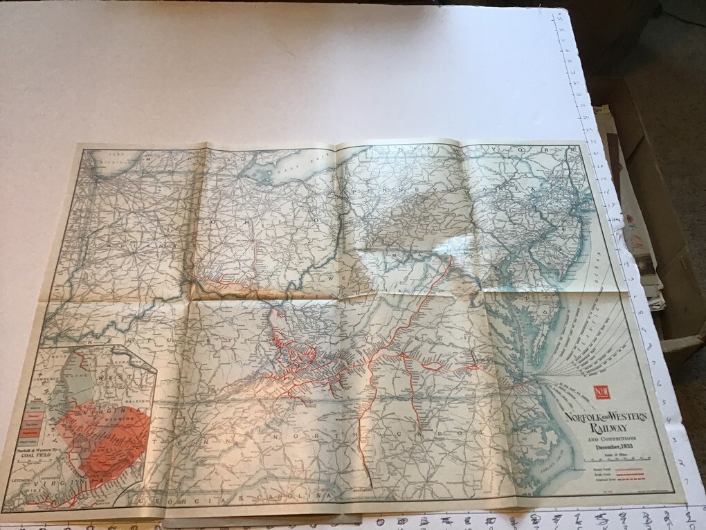 vintage railroad map: 22×32″ NORFOLK & WESTERN Railway 1933