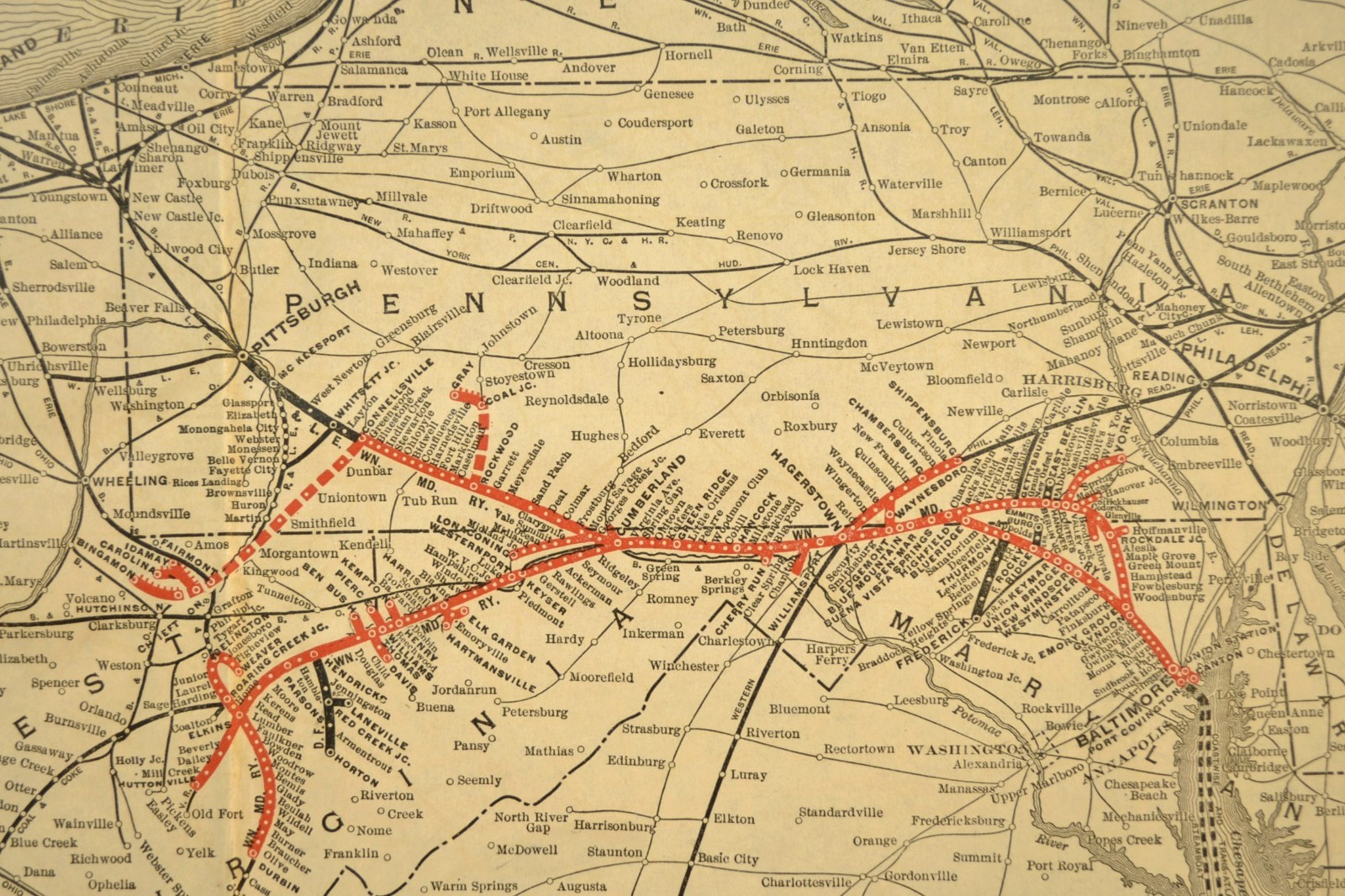 Antique WESTERN MARYLAND RAILWAY Map WM Railroad LARGE Mason Dixon Line