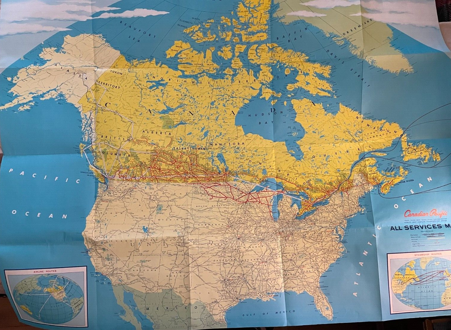 CANADIAN PACIFIC ALL SERVICES MAP, 1962 RAILWAYS, AIRLINES. VG.
