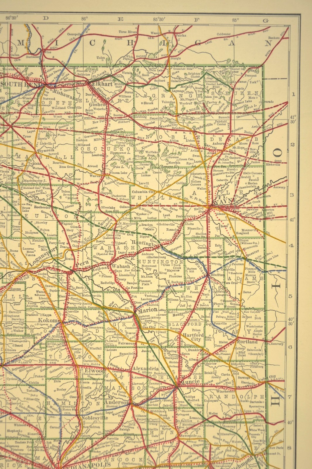 1914 Antique Map of INDIANA Railroads Map ORIGINAL Atlas Map CCC & St L Ry DATED