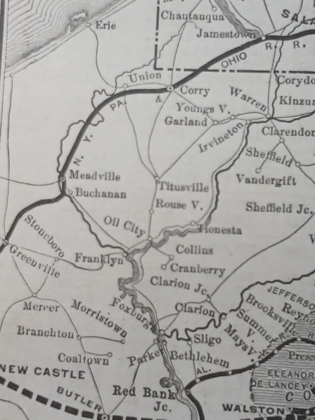 ~1898 Train Route Map BUFFALO ROCHESTER & PITTSBURGH RAILWAY Ralston Clearfield