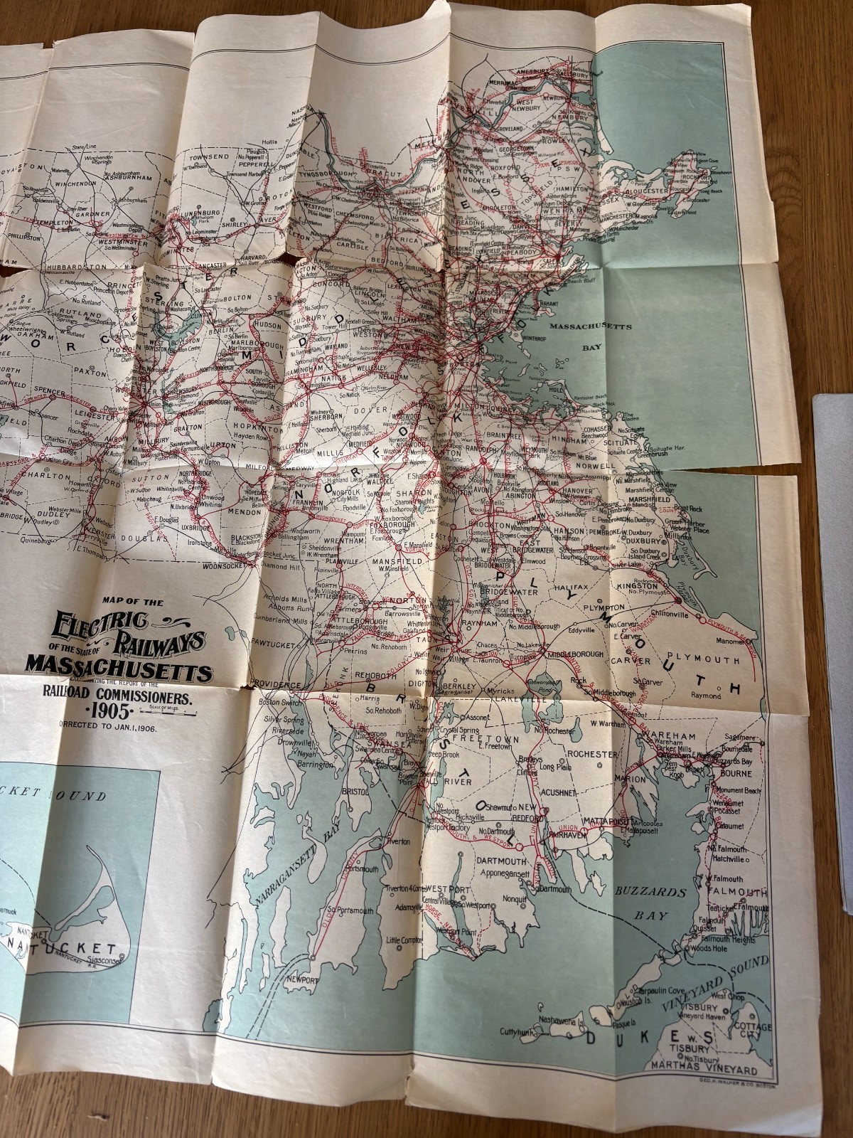 1905 folding map ELECTRIC RAILWAYS OF MASSACHUSETTS GEORGE WALKER RAILROAD 28X38