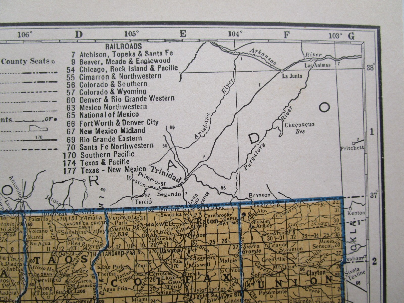 NM NJ Vtg 1939 NEW MEXICO RAILROAD Map. SANTA FE NORTHWESTERN RR or NEW JERSEY