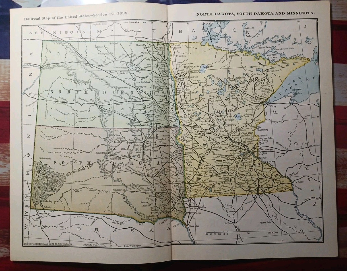 ~1898 Railroad Map Minnesota Dakota ND SD All Train Routes Lines Depots 9×11″