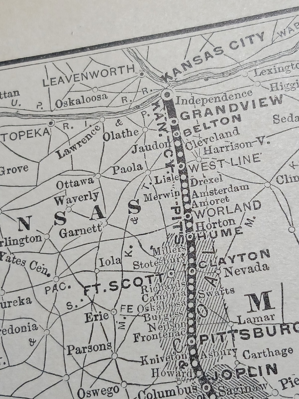 ☆1895 original train map KANSAS CITY PITTSBURGH & GULF RAILROAD routes stations