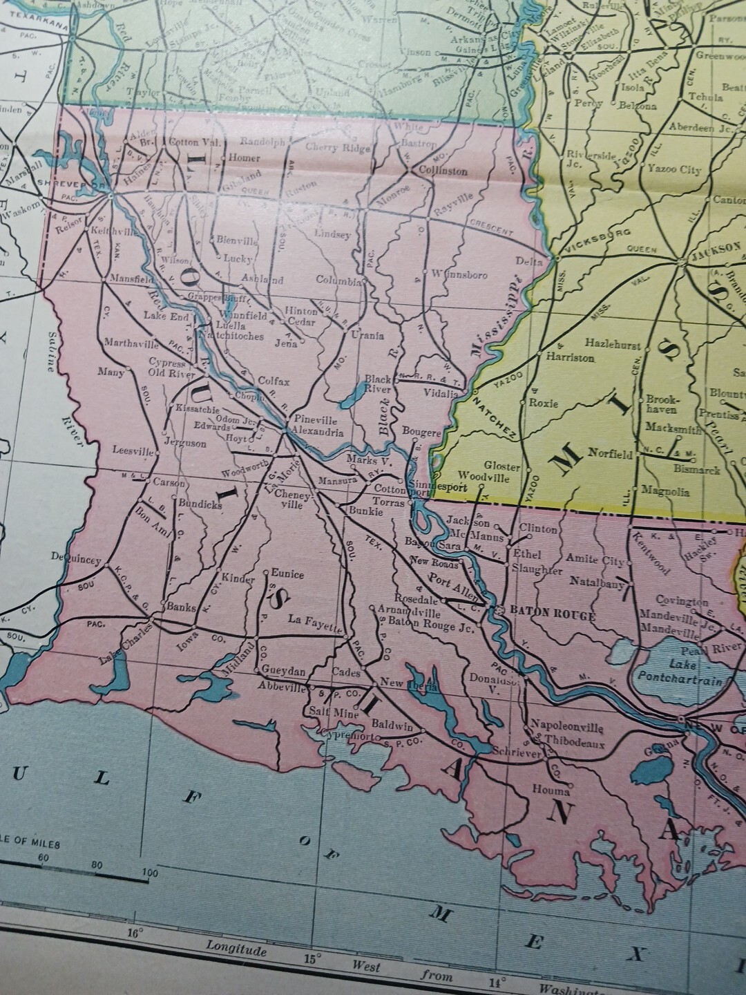 1904 Railroad Map LOUISIANA Arkansas MISSISSIPPI All Lines Train Routes 11″x9″