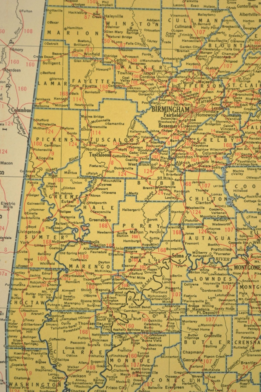 Vintage ALABAMA Map Railroad Depot Towns Birmingham Louisville & Nashville RR